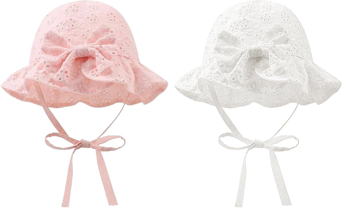 Baby Zomerhoedjes - Zonnehoedjes Meisjes - Bescherming tegen zon - Verstelbaar met strik - 2 stuks - Roze en wit
