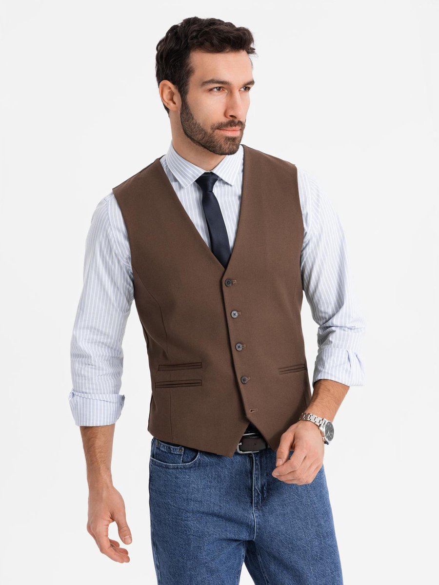 OMBRE Gilet - Slim Fit - Knopen - Effen Bruin XXL