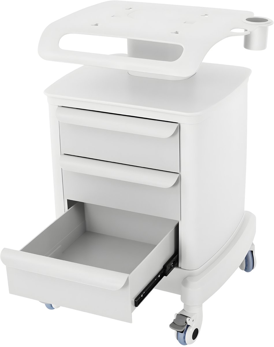 3-Lade Salon Trolley - Mat Wit ABS - 4 Zwenkwielen, 2 Met Rem - 30 KG Draagkracht - Modern