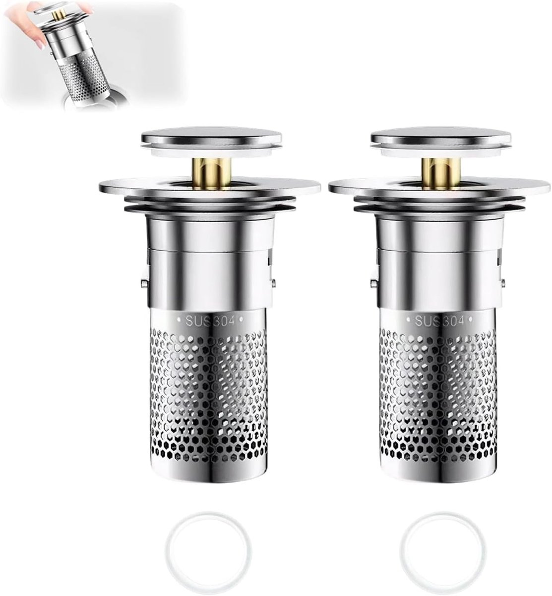 2 stuks roestvrijstalen afvoerplug gootsteen, roestvrijstalen afvoerfilter, voor 34-40 mm afvoerbuis, pop-up afvoerzeef met haarvanger voor keuken, badkamer, wastafel, badkuip, 2 stuks