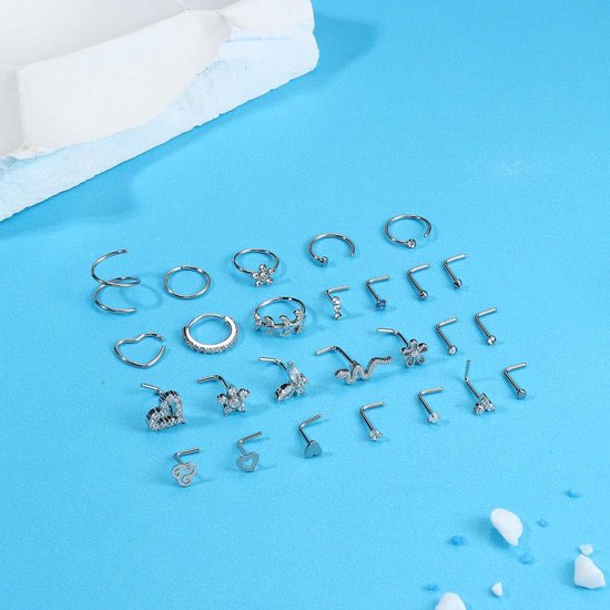 26 Stuks 20G Neus Ring Neus Stud Chirurgisch Staal Neus Piercings Set CZ Glanzend Septum Piercing Vlinder Slang Neus Studs Piercing Neus Ringen Goud Silver Neus Piercings Sieraden — afbeelding 2