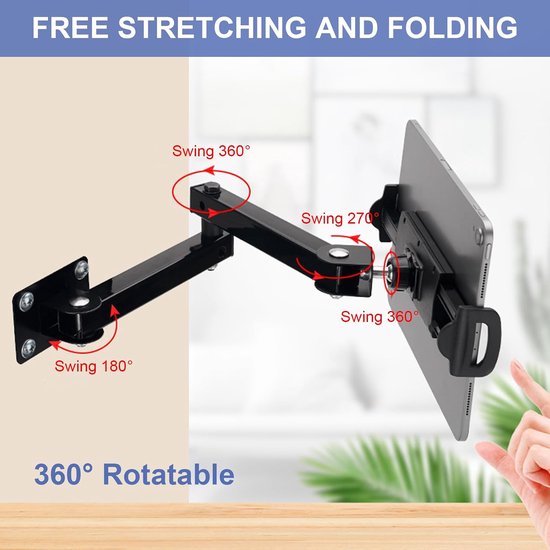 Tablethouder voor aan de muur, draaibaar, tabletwandhouder, mobiele telefoonhouder, instelbaar, opvouwbaar, voor apparaten van 4 tot 13 inch, compatibel met Switch, Kindle, iPhone, iPad — afbeelding 3