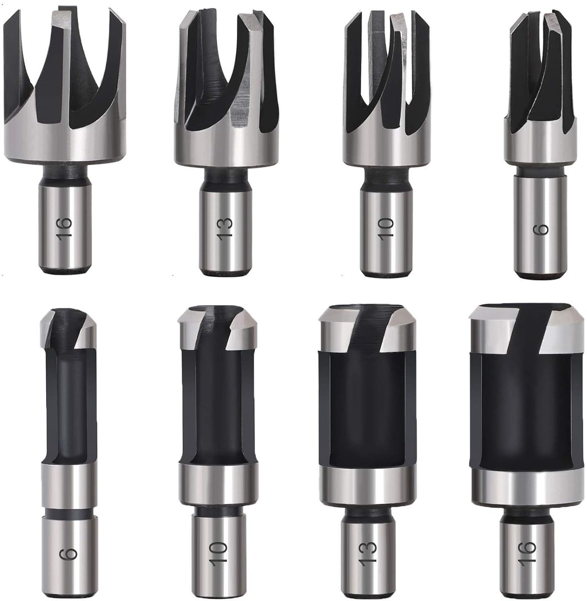 Set van 8 houten pluggensnijders, boorset, tappensnijder, koolstofstaal, plugboor, 6 mm, 10 mm, 13 mm, 16 mm, voor handboor, houtbewerking
