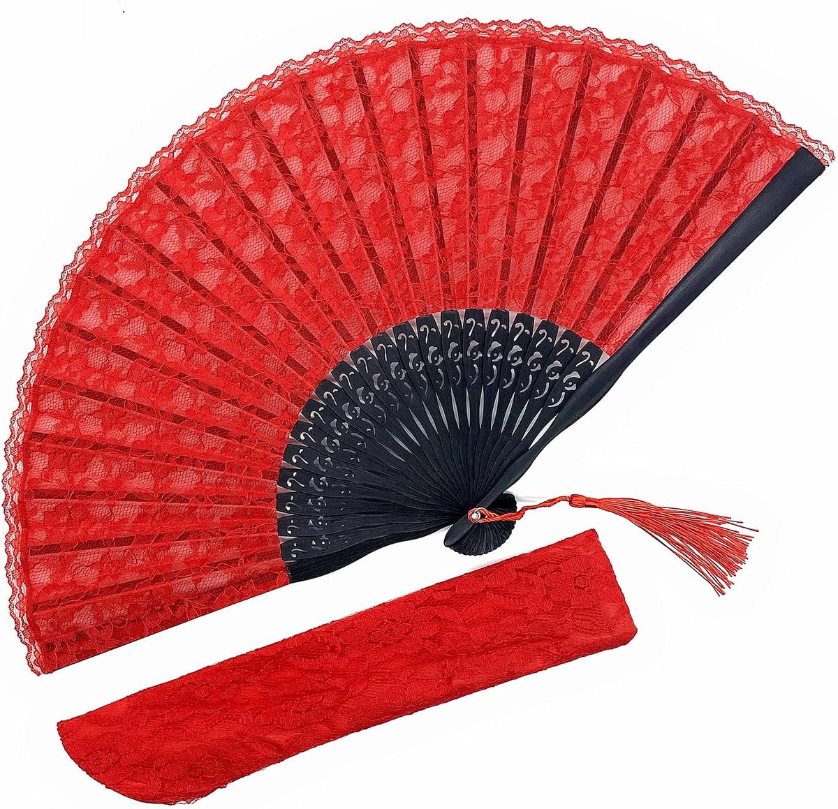 Wind rode kant bamboe waaier met hoes - Handgemaakte vintage vouwwaaier, 21 cm.