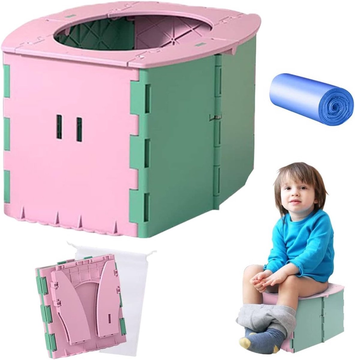 opvouwbaar potje voor kinderen, kinderpotje voor onderweg, toiletbril voor kinderen, toiletbril voor kinderen, inklapbaar, reispot, opvouwbaar, baby Potty Travel, potjestraining, groen