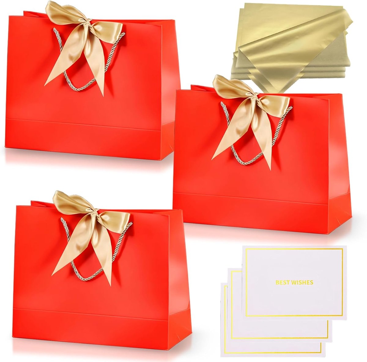 Kerst RedGift Zakken voor Cadeau,3 Stks Rode Gepersonaliseerde Verjaardagspapieren Geschenkzakje met Linten 6 Metallic Gouden Tissuepapier 3 Kaarten Inpakzak voor Vrouwen Mannen Bruiloft