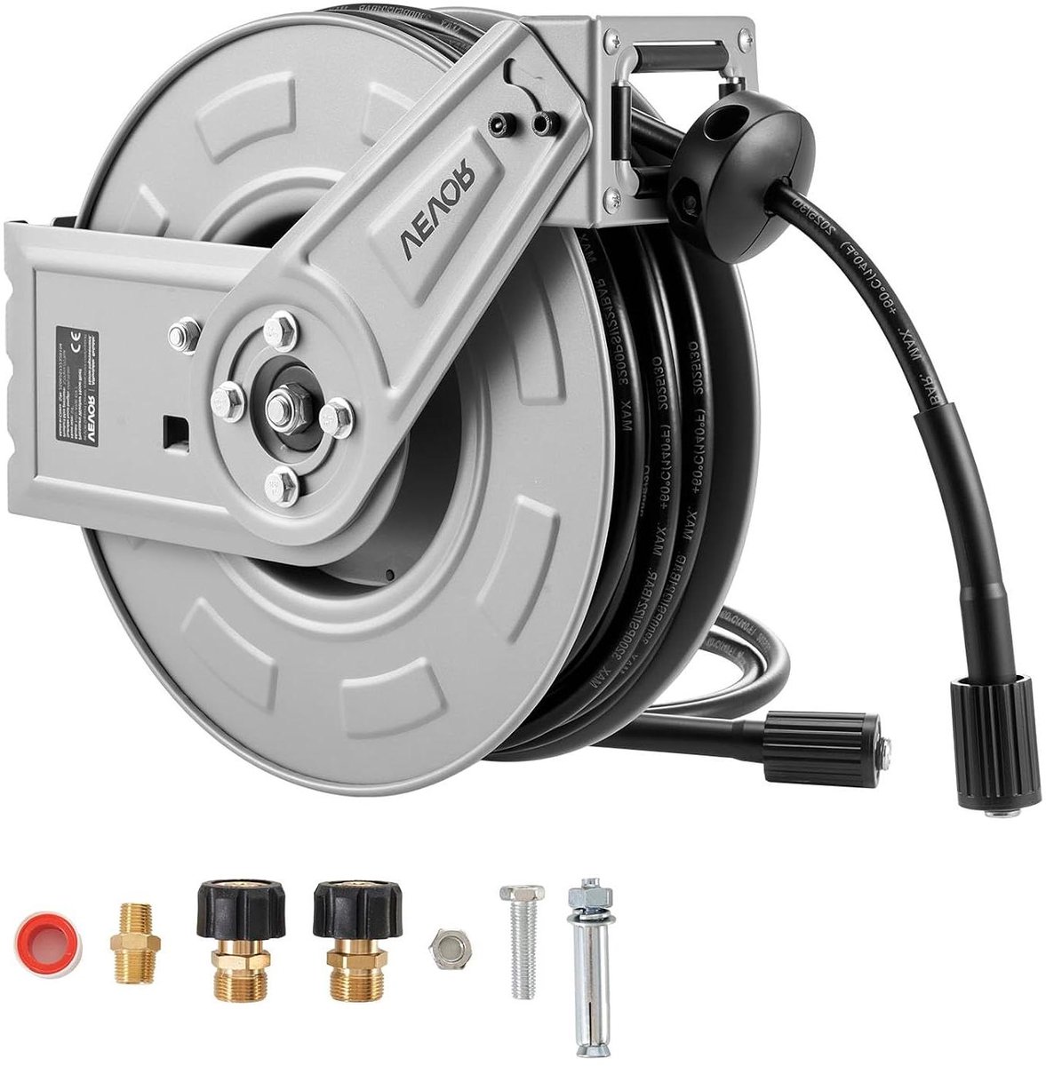 Hogedrukreiniger Slanghaspel - Intrekbare Reel - Slang Opbergen - Automatisch Terugspoelen - 19.8 Meter - Zilver