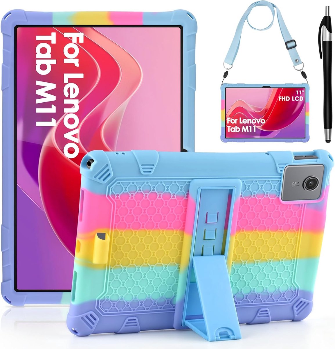 SnelShoppen - Kinderen siliconen hoes voor Lenovo Tab M11 (11 inch) 2024 Tablet TB330FU/331FC beschermhoes met schouderriem, stylus pen en kleurrijke