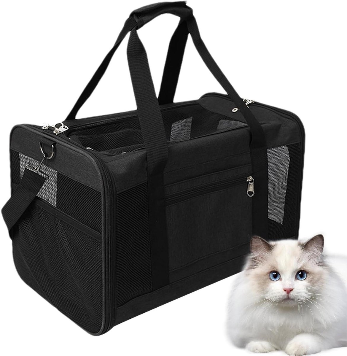 Huisdier Reistas - Kattenrugzak Opvouwbaar - Veilig Vervoeren - Ademend Ventilatiesysteem - 47x29x30cm - Zwart