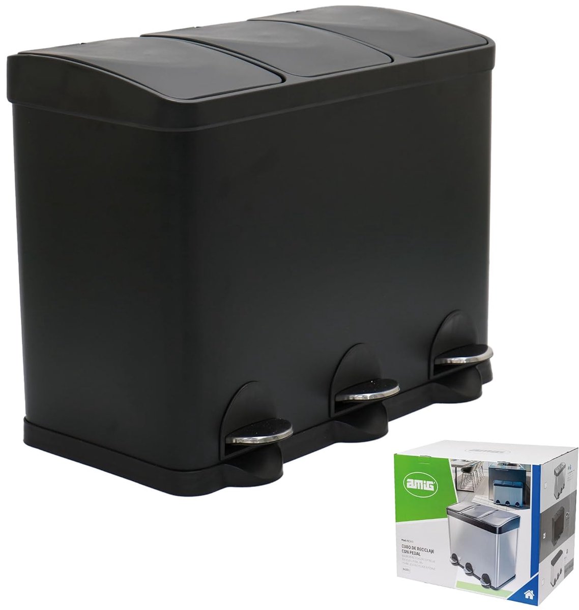 SnelShoppen - Drievoudige Pedaalemmer 45 Liter - 3 Uitneembare Compartimenten van 15 Liter - Keukenafvalbak van Staal - Matzwarte Afvalemmer 60 x 37 x