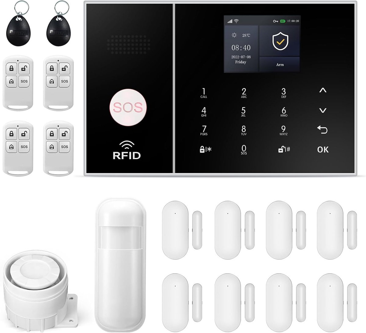 SnelShoppen - Draadloos Alarmsysteem Wifi Thuisbeveiligingssysteem met Deur- en Raamsensoren, Bewegingsmelder, LCD-Touchscreen, Compatibel met Alexa e