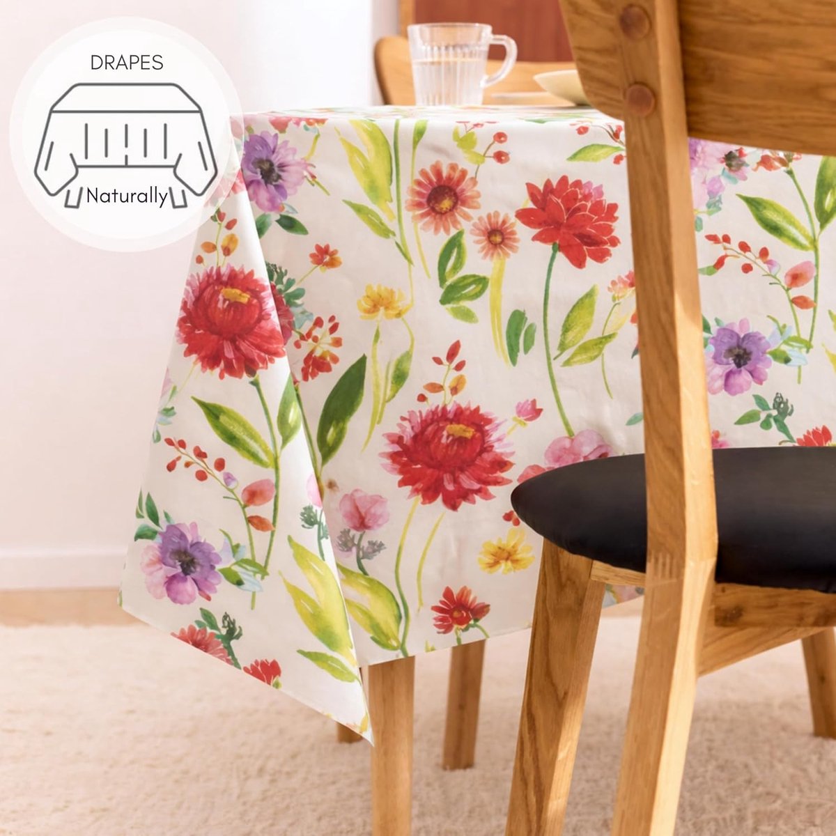 HOME Wipe Clean Tafelkleed - Rechthoekig 78x55" | 200x140cm - Bloeiende Bloemenweide PVC Tafelkleed - Plastic Afveegbaar Outdoor Waterdicht Tafelkleed in Crème met Kleurrijke Bloemen