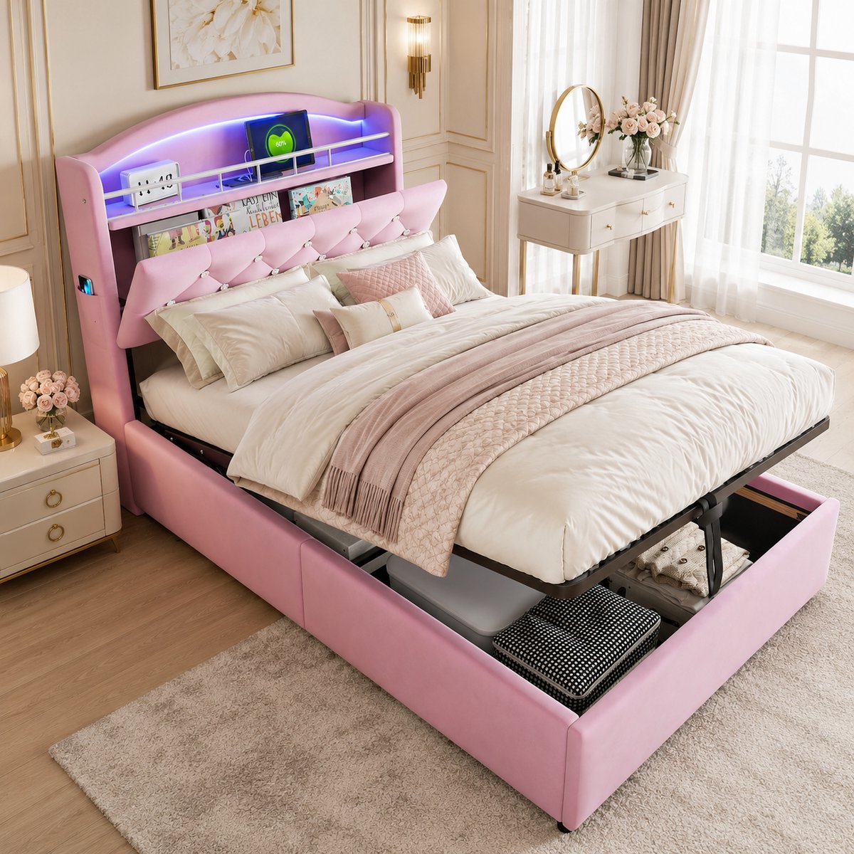 Kinderbed 90x200 cm - Eenpersoonsbed 90x200 cm - Gestoffeerd bed - Opbergbed - Multifunctioneel bed - Met LED-verlichting en USB-interface - Flueel - Roze