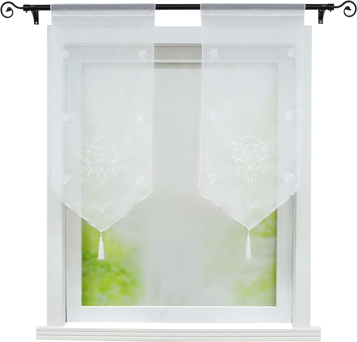 Vitrage, voile bistrogordijnen met kwast, borduurwerk, bloemenmotief, Erna, korte gordijnen met tunnelzug, BxH 40x90cm, wit, 1 stuk verpakt
