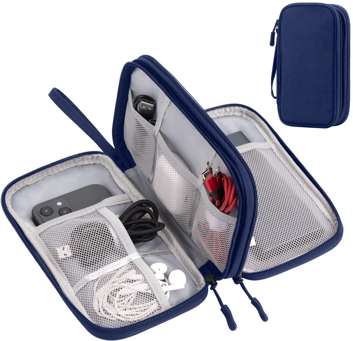 Elektronische accessoireorganizer, kabeltas met dubbellaagse opbergruimte voor kabels, kaarten, opladers, telefoons, hoofdtelefoons, Donkerblauw, M, Koffer organizer