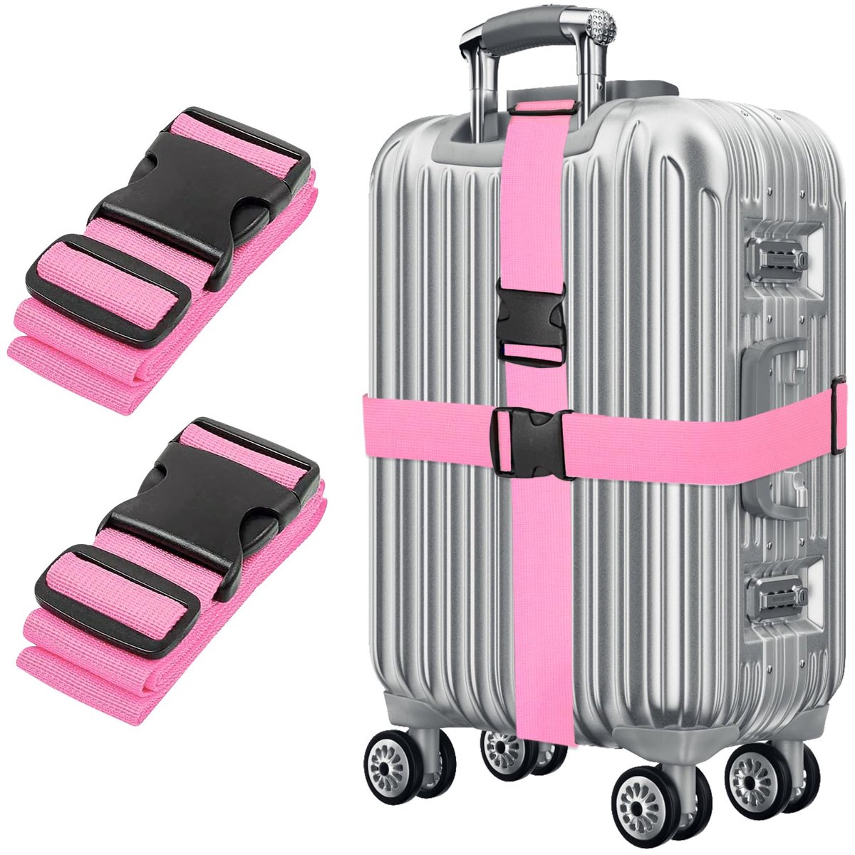 Roze Kofferriem, 195 cm, Set van 2 Verstelbare Kofferbanden met Kliksluiting voor Lange Koffer en Bagage