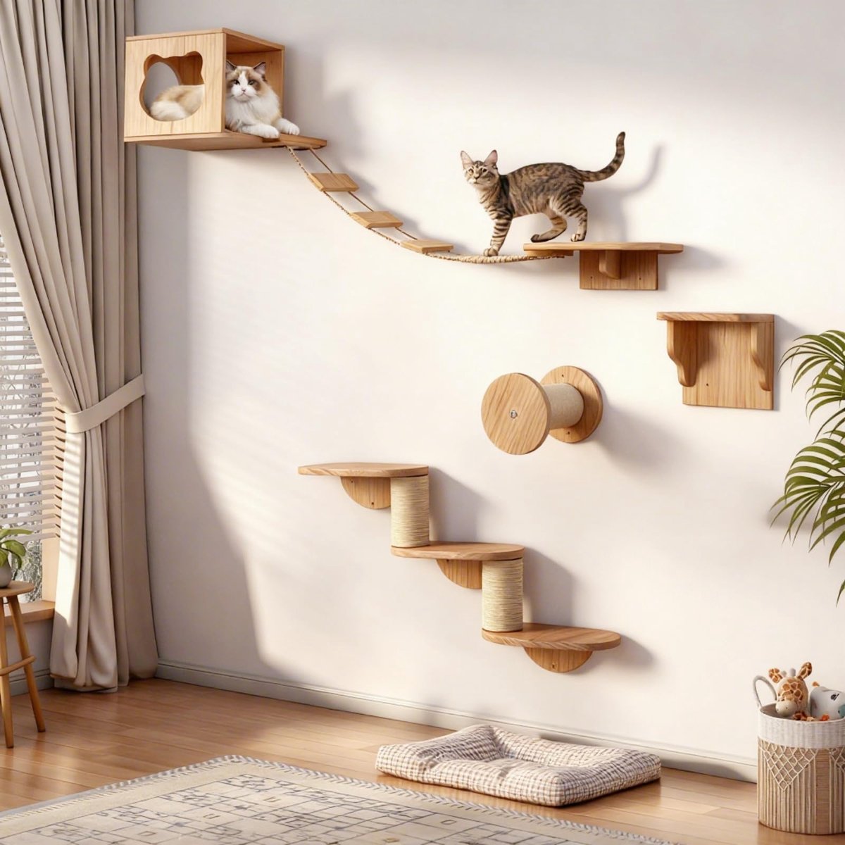 Kattenklimwand XXL - 4-delige set van hout met kattengrot, hangbrug, trap en zuil van sisal - Wandmeubel voor huisdieren