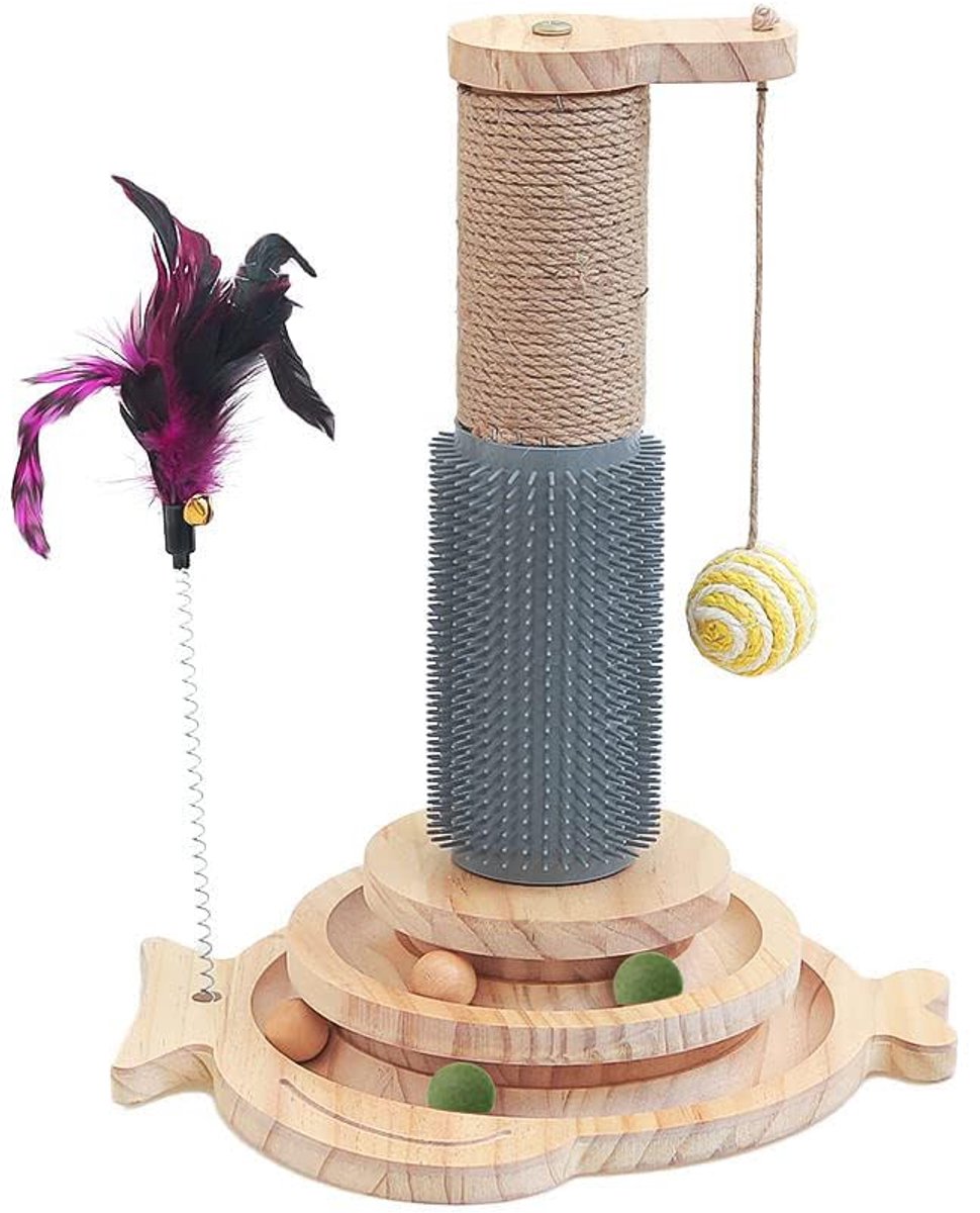 Kattenspeeltje Roltrainer, Kattenspeelbal met krabpaal, 2-niveau draaitafel kattenspeelgoed, Interactief Fun Tracks-rolspeelgoed voor katten