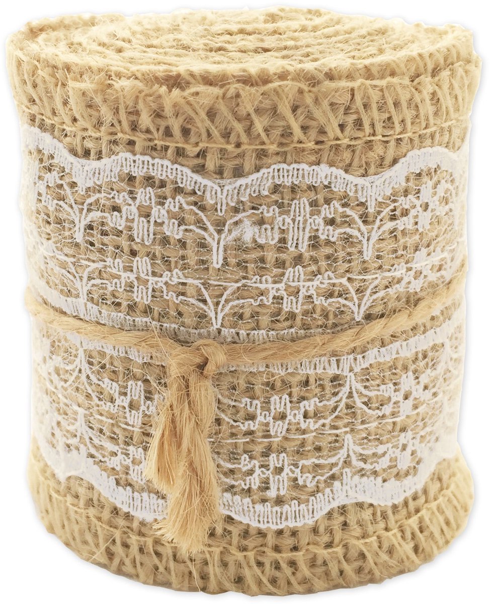 Jute lint met kant (wit)