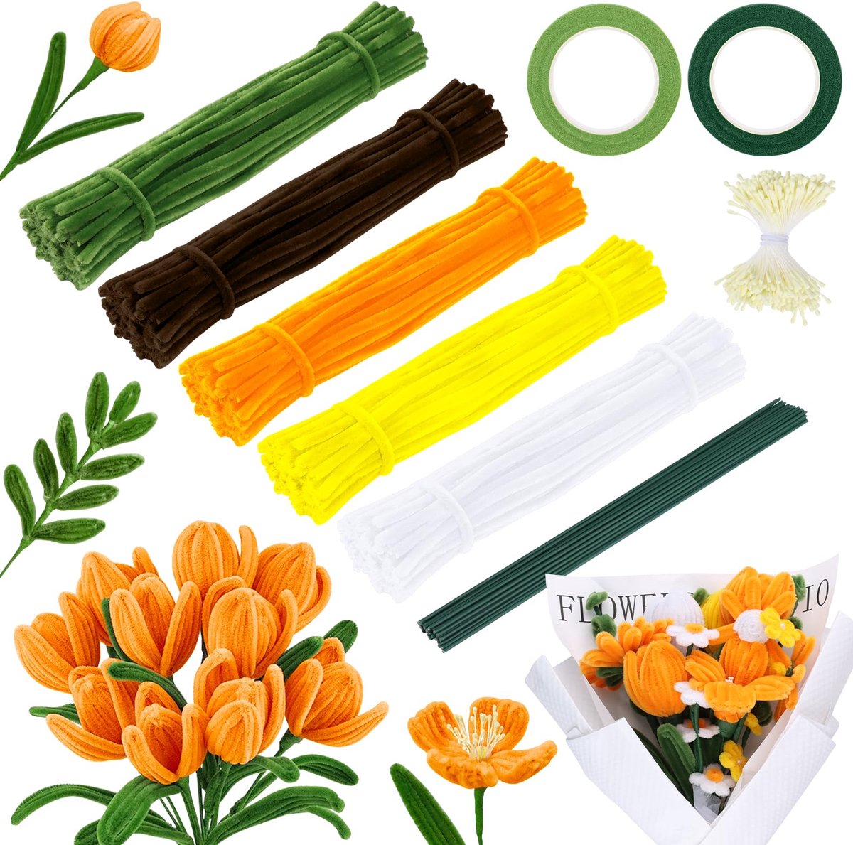 600 stuks 5 kleuren pijpenragers om mee te knutselen, met 350 stuifmeelhouders, 30 groene knutseldraad, 2 bloemsteeltjes plakband voor bloemenboeket DIY knutselen decoratie