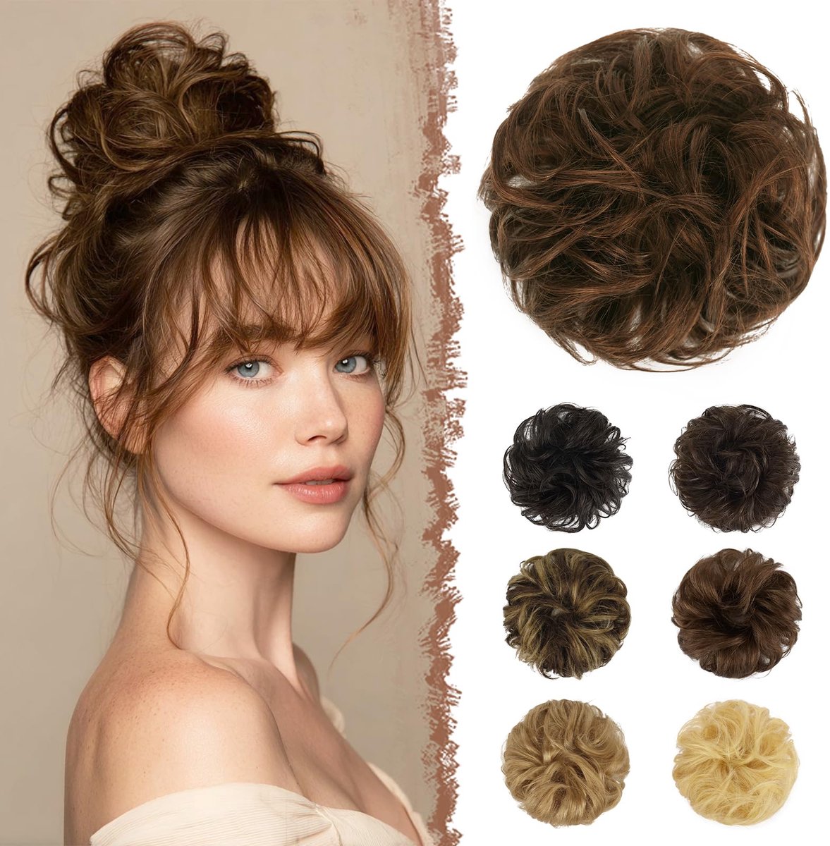Haarstukje Extensie - 100% Menselijk krullend Golvend Haar Chignon Opgestoken Donut Haar Stuk Paardenstaart Extensions voor Vrouwen, Chocolade Licht Bruin