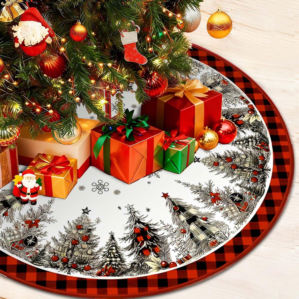 Kerstboomdeken, diameter 120 cm, rond, kerstboomdecoratie, dennenboomtapijt, binnendecoratie, kerstboomrok (rode bomen)