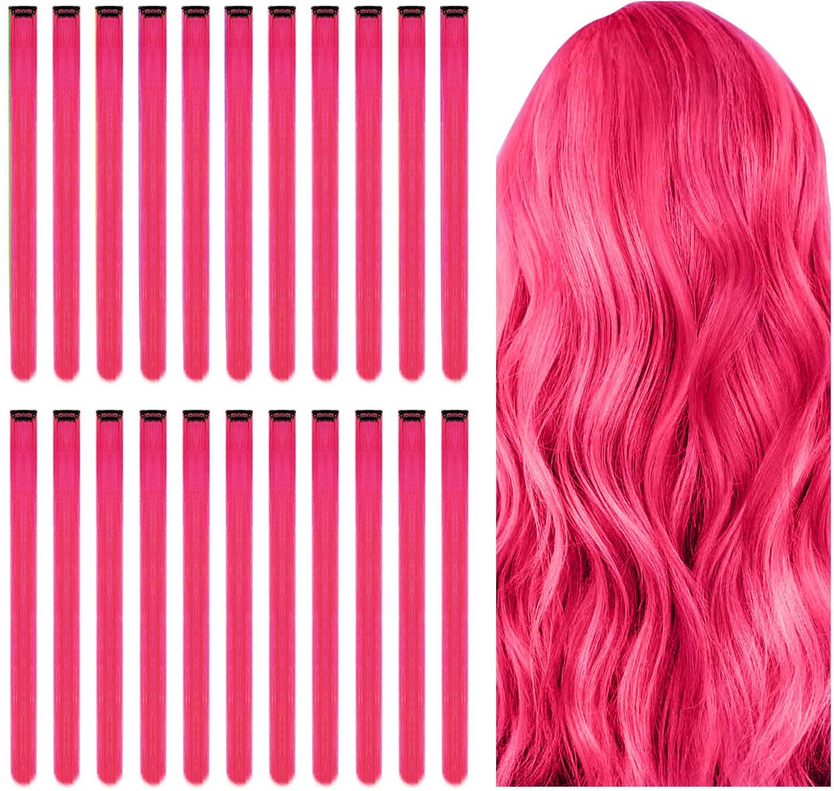 22 Stks Roze Rode Haarextensies, 20 Inch Roze Rode Lange Rechte Haarpruik Voor Kinderen Meisjes Vrouwen, Regenboogfeest Haarstukjes, Haarextensies Clip Feest Hoogtepunten Accessoires Voor Feesth