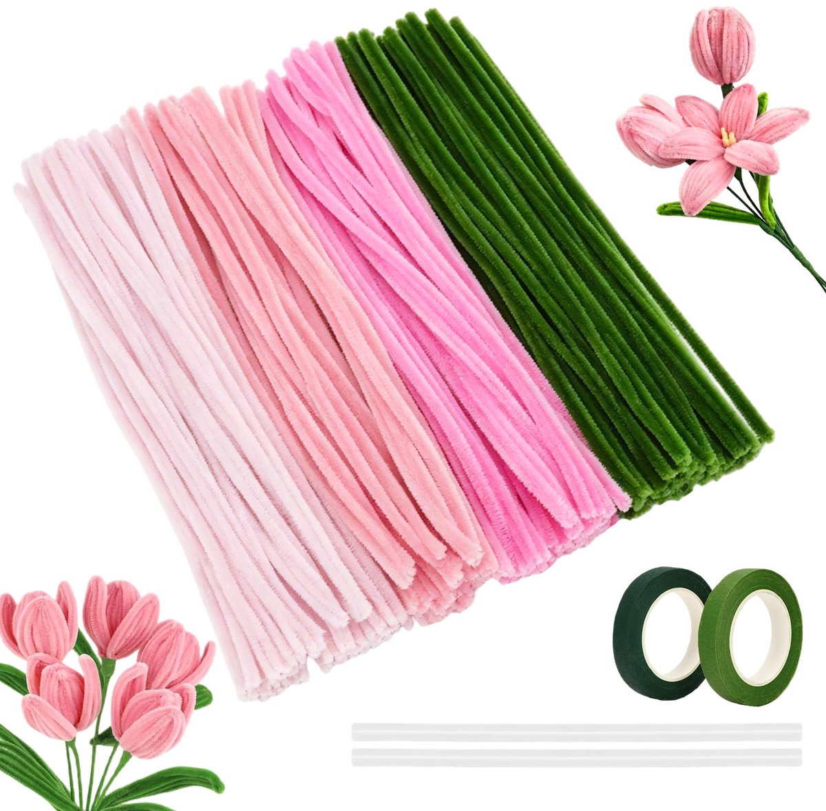 bloemen, roze, set, 200 stuks pijpenreinigers om te knutselen, 30 cm chenilledraad, pijpreiniger voor doe-het-zelf handwerk, decoraties