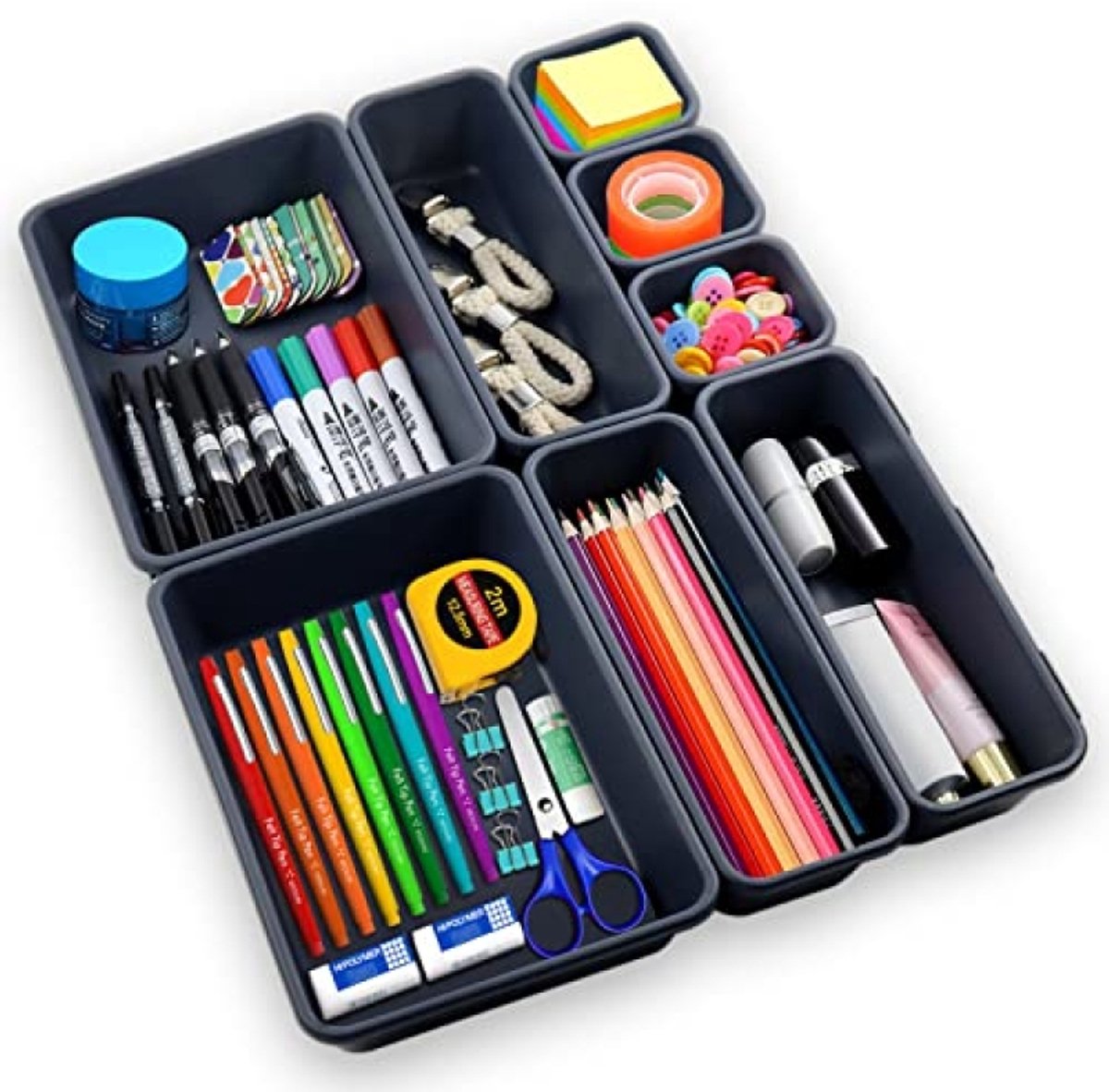 Huis Geluk 8-delige Lade-Organizer Set - Opbergdoos Lade - Transparant Donkergrijs - Bureau, Badkamer, Keuken