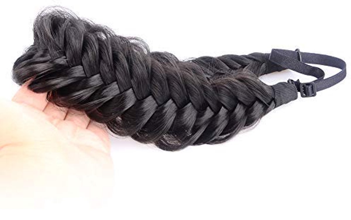 Hoofdband van warrig gevlochten kunsthaar, 2 brede strengen, elastische hoofdband voor dames en meisjes (natuurlijk zwart)