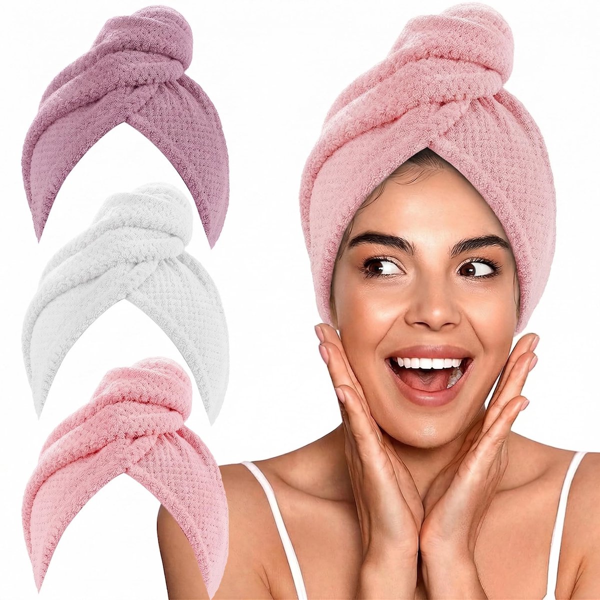 Haardoek, Haarturban met Knoop, Super Absorberend Snel Droogend, Haarverzorging, Slapen, Geschikt voor Dames & Kinderen Lang, Kort, Krullend Haar (Roze, blauw, grijs)