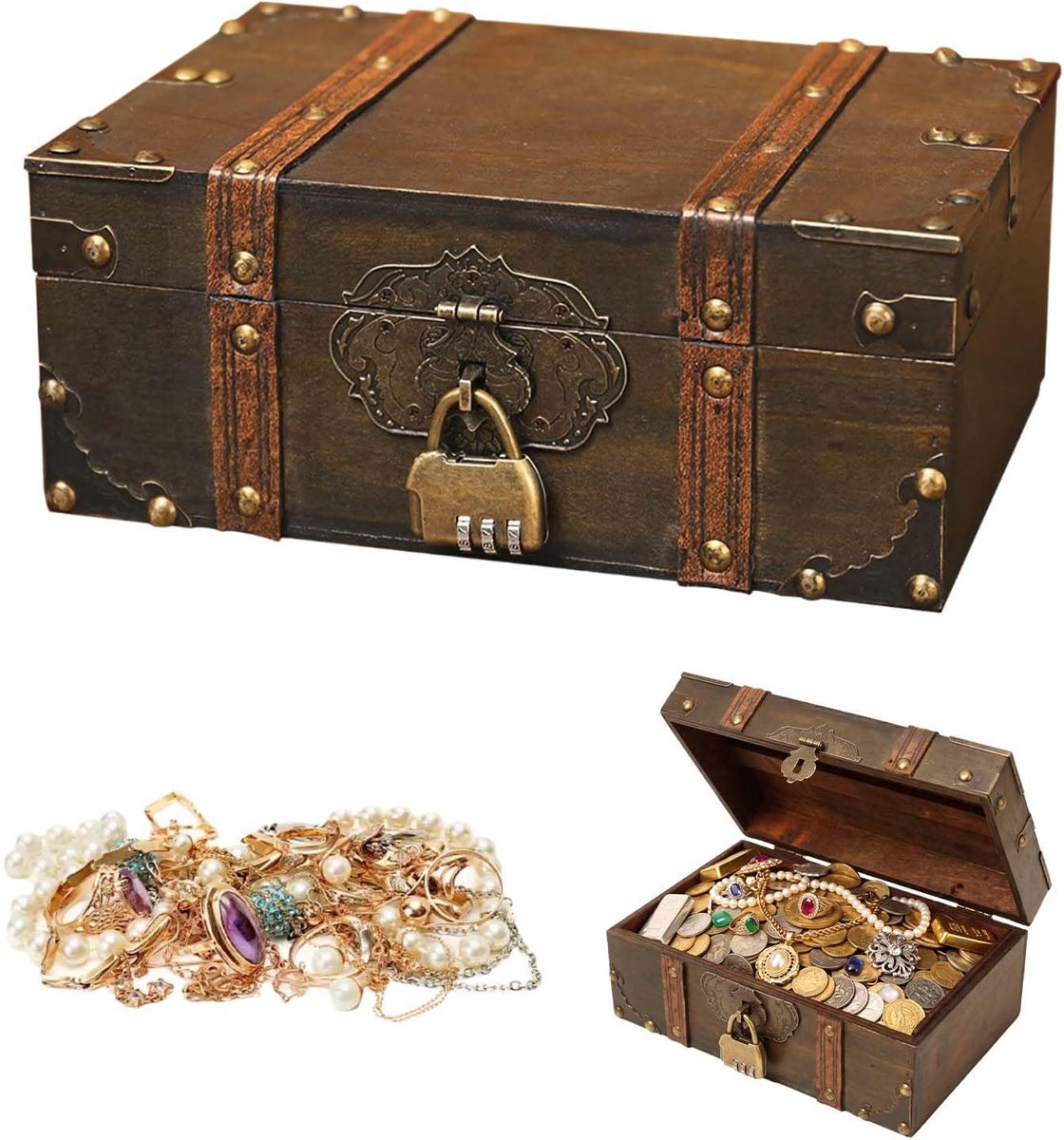 Houten Sieradenkist,Decoratieve Houten Kist,Vintage Houten Kist,Houten Schatkist Met Hangslot,Vintage Houten Piratenkist,Vintage Kleine Schatkist voor Kinderen