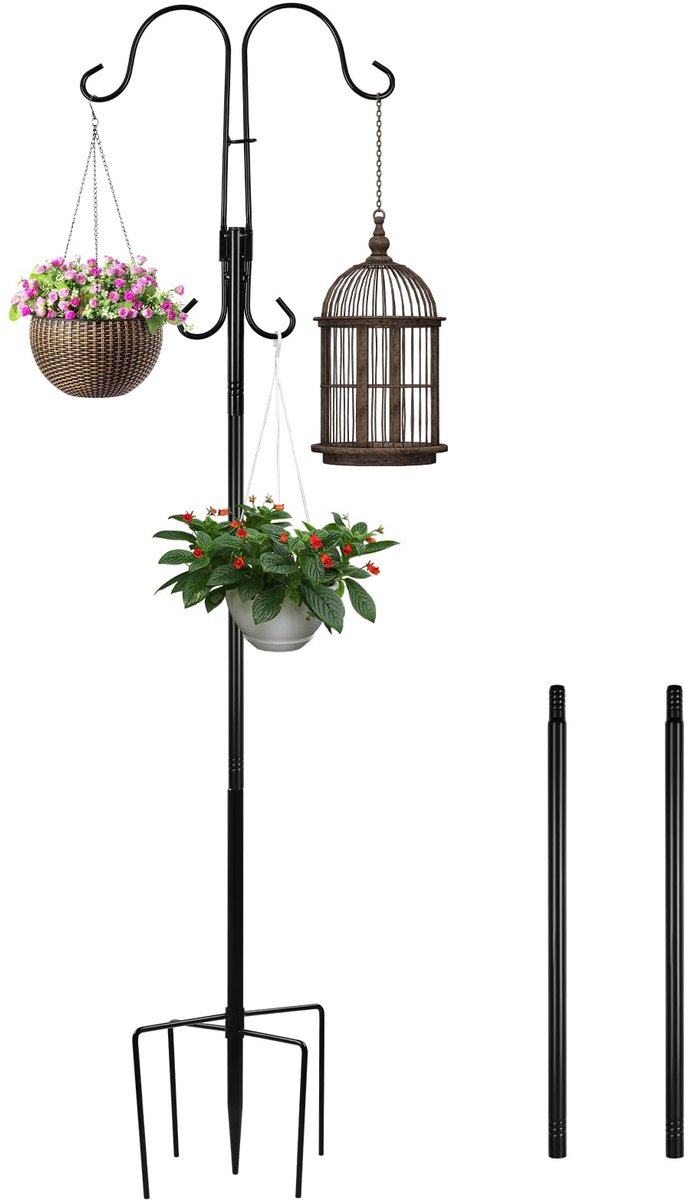 Dubbele Duitse herderhaak, 200 cm roestbestendig metalen tuin dubbele haak Duitse herder met 5 zinkbasis, zware herdershook voor fotovoltaïsche lampen, hangers, lantaarns, vogelhuisje