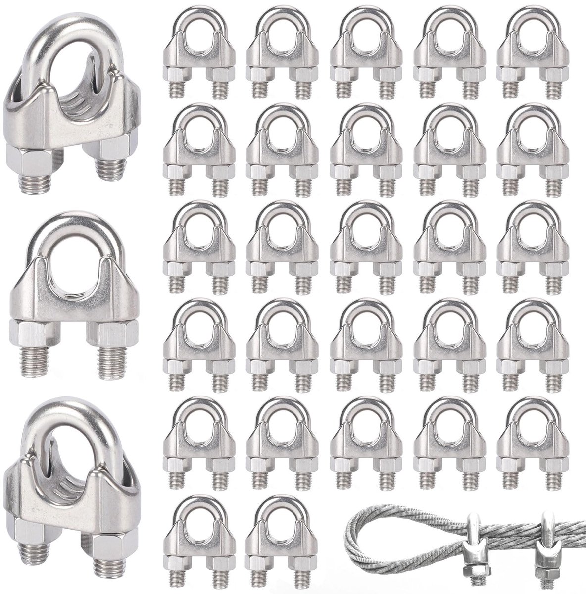 30 stuks staalkabelklemmen, 3 mm, roestvrij staal, kabelklemmen, 3 mm, voor staalkabel, waslijnspanner, luifel, vastgezet (M3)