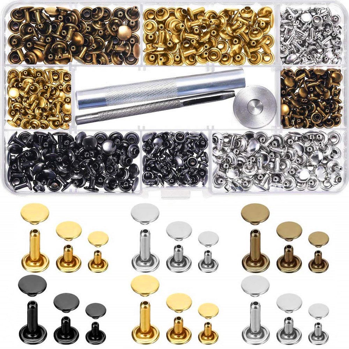 180 set leren klinknagels, dubbele kap, klinknagels in 3 maten, sinzau Tubular metalen oorstekers met 3 stuks fixeergereedschap voor doe-het-zelf leer handwerk, vervanging van klinknagels, reparaties
