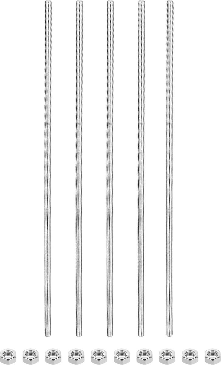 Draadstangen M5 x 250 mm schroefdraadpennen 10 stuks zeskantmoeren, 1,25 mm schroefdraadhelling 304 roestvrij staal rechtse schroefdraad staafpennen