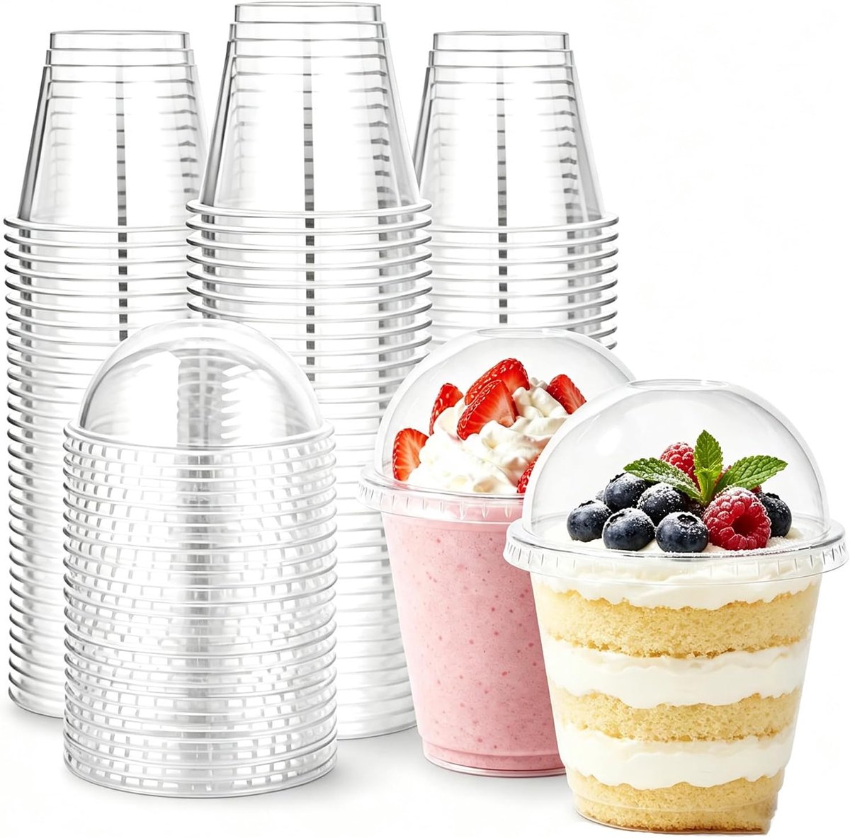 50 stuks dessertglazen van kunststof met deksel, 270 ml, dessertbekers, herbruikbaar, ronde dessertbekers, transparant, perfect voorgerechtenbeker met lepels voor pudding, mousse, party