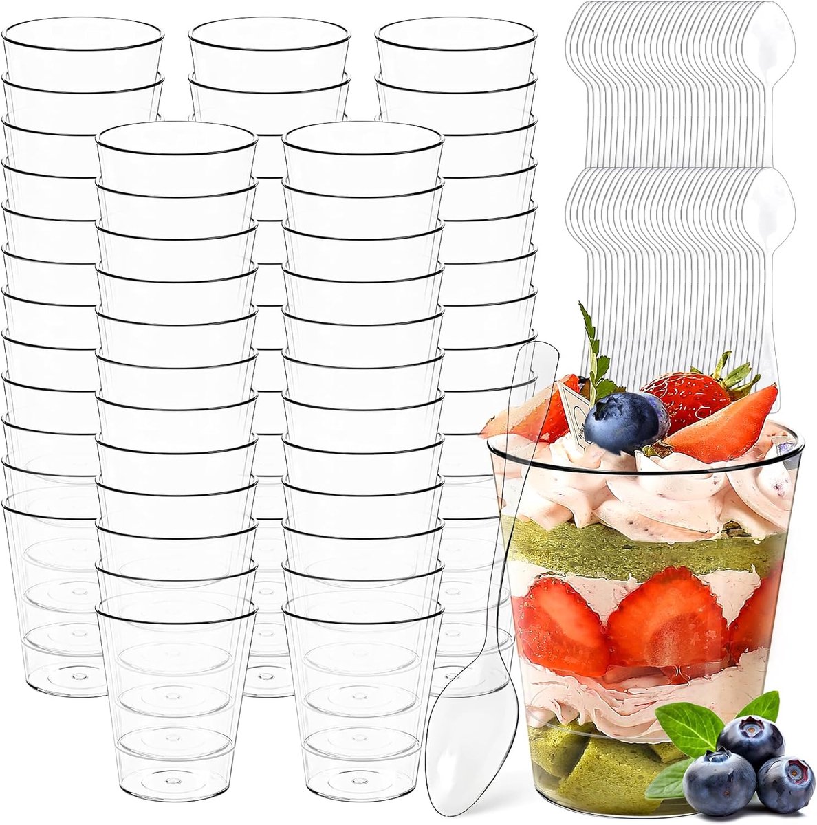 60 stuks dessertglazen met 60 stuks lepels, 55 ml kunststof dessertbeker, ronde dessertbekers, herbruikbare dessertkommen voor pudding, mousse, ijs, dessert, feest