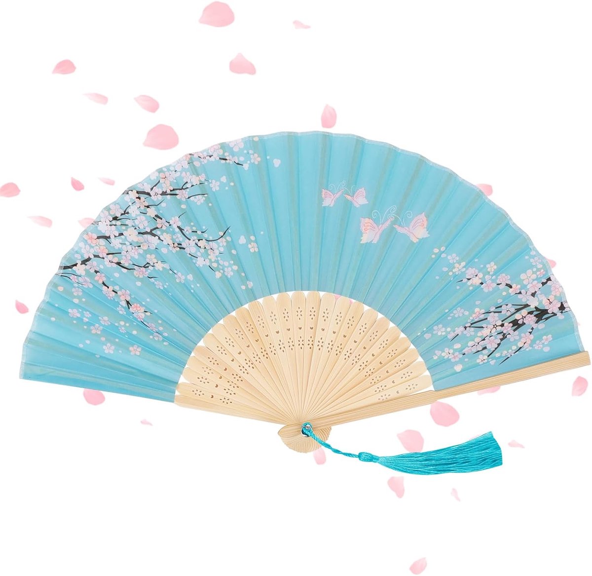 handwaaier, opvouwbare waaiers voor verkoeling in de zomer, bamboewaaiers met kwast, Chinese handwaaier voor verjaardagscadeaus, dansen, cosplay, decoratieve rekwisieten, blauw (1 waaier)