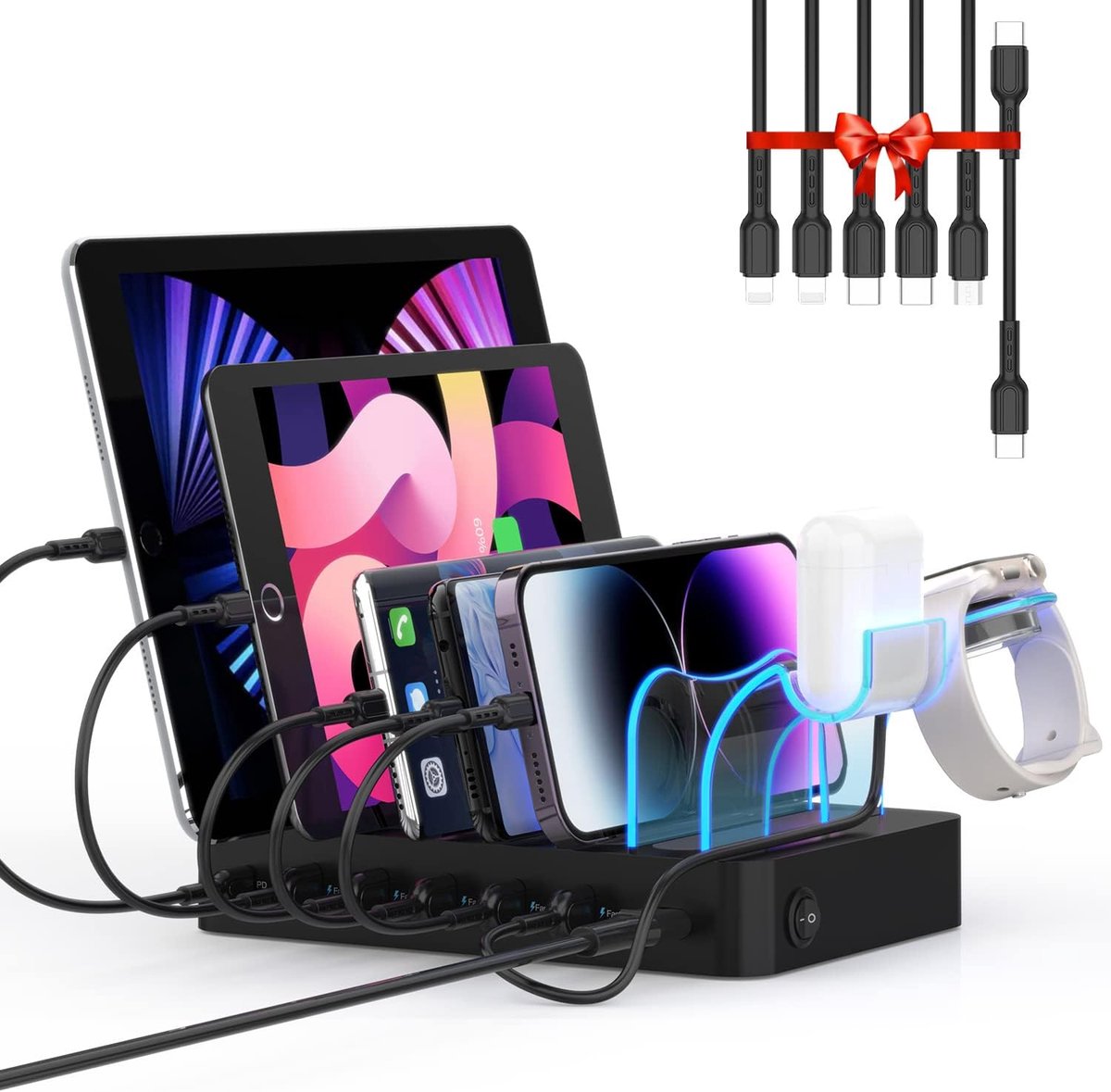 SnelShoppen - 60 W 6-poorts USB-laadstation met PD 20 W USB C snel opladen voor iPhone 14/13/12, 2-in-1 iWatch houder, 6 kabels voor telefoons, tablet