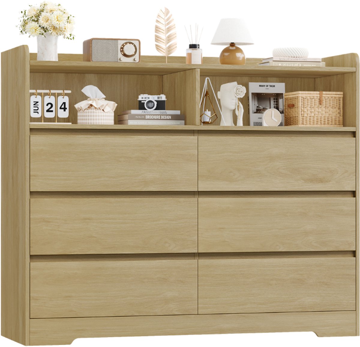 Ladekast – Voor Slaapkamer Opbergruimte – Dressoir met 6 Lades en 2 Vakken – Houten Opbergkast