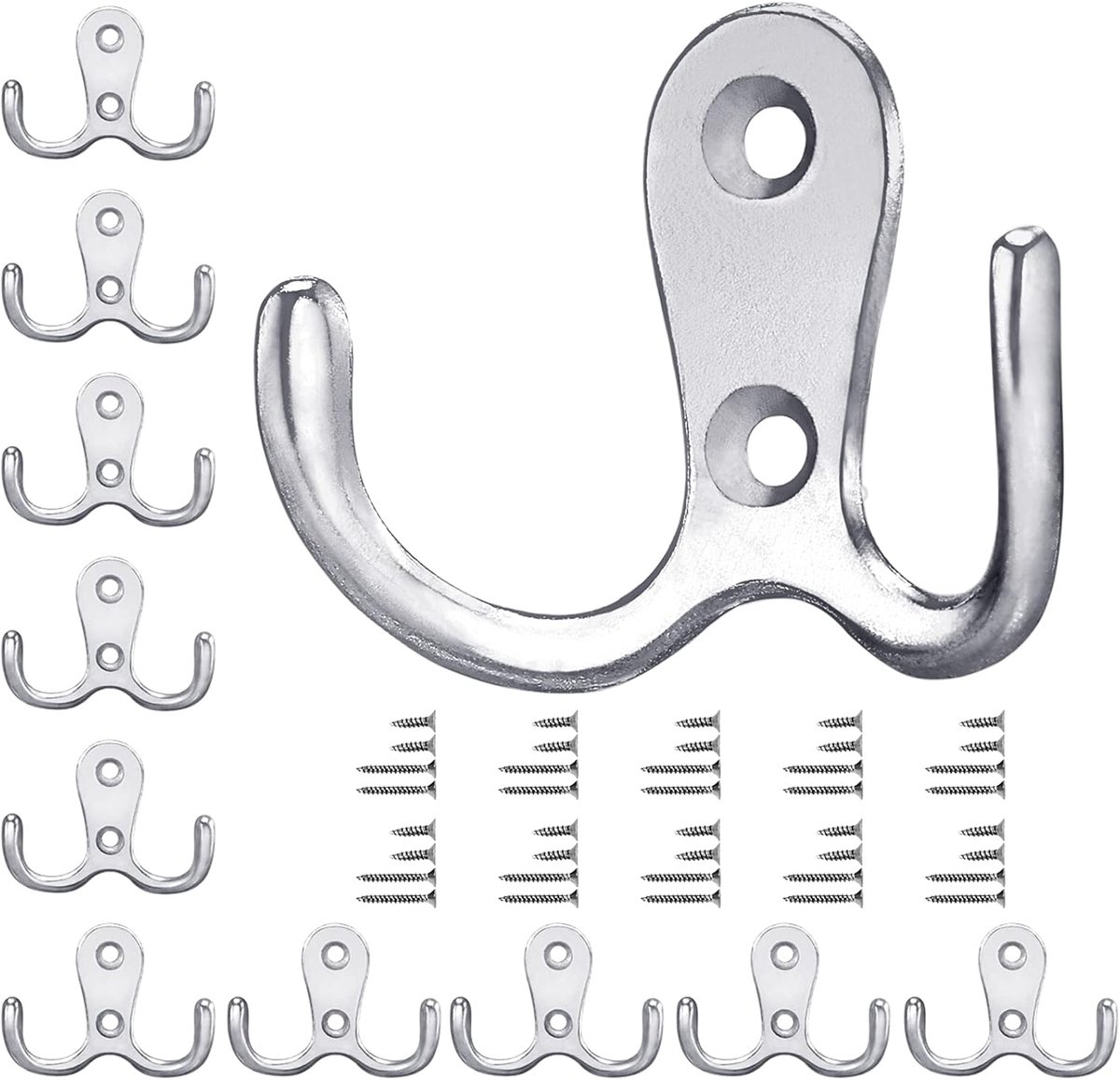SnelShoppen - Kledinghaken Zilver, 10 Stuks Vintage Garderobehaken met Schroeven, Metalen Dubbele Haken voor Badkamer, Keuken, Wandhaken, Kledinghaken