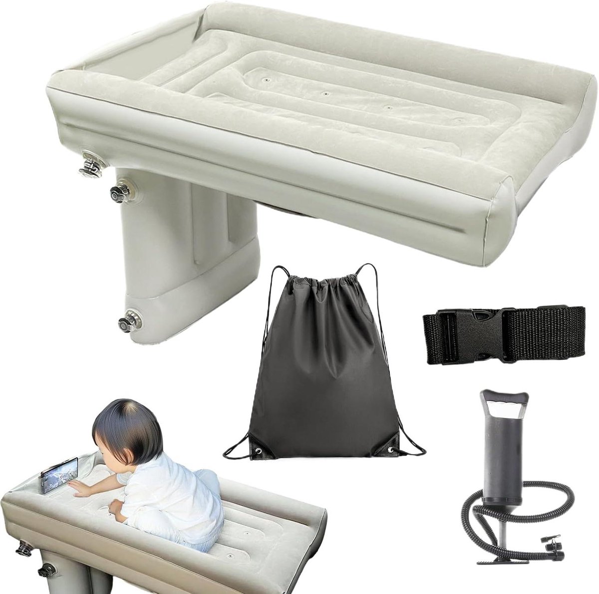 Opblaasbaar auto bed - Luchtmatras achterbank - Reizen met kinderen - Rolpreventie ontwerp - 80x50x42cm - Grijs