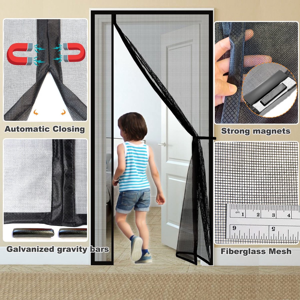 SnelShoppen - Risareyi Zij-opening Magnetische Vliegengordijn Deur 85x210cm, Zwart - Ideaal voor Binnen- en Buitengebruik, Makkelijk te Installeren, V