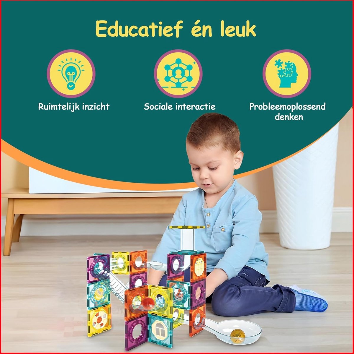 Magnetische Blokken Montessori Speelgoed - 100 Magnetische Tegels voor Kinderen - Magnetisch Bouwspeelgoed vanaf 3 Jaar - Playground Magnetische Blokken, Magnetisch Set voor Kinderen Knikkerbaan