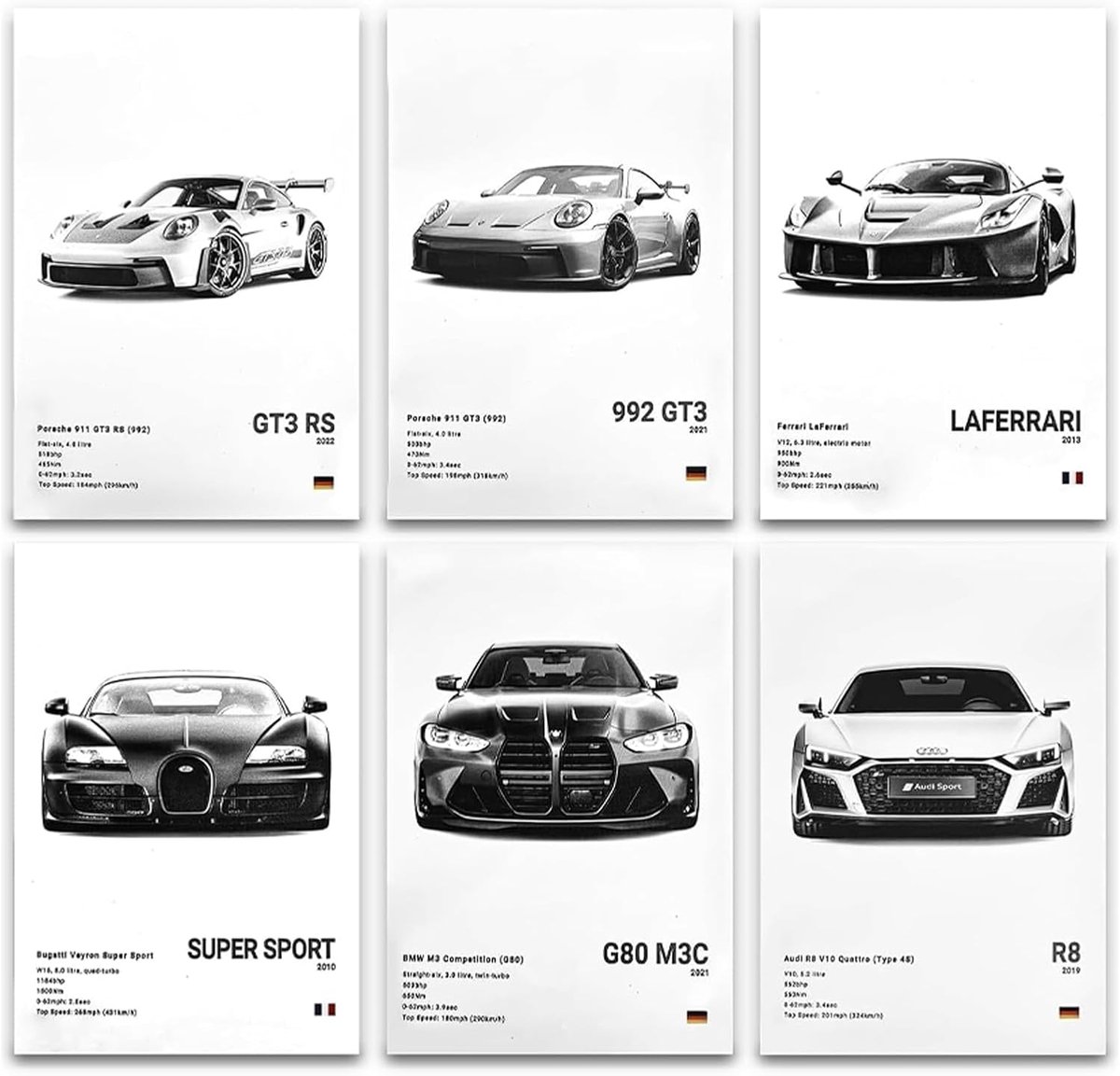 Sportauto posterset 6 stuks - minimalistisch zwart-wit ontwerp - stijlvol voor wanddecoratie - ShopVlot