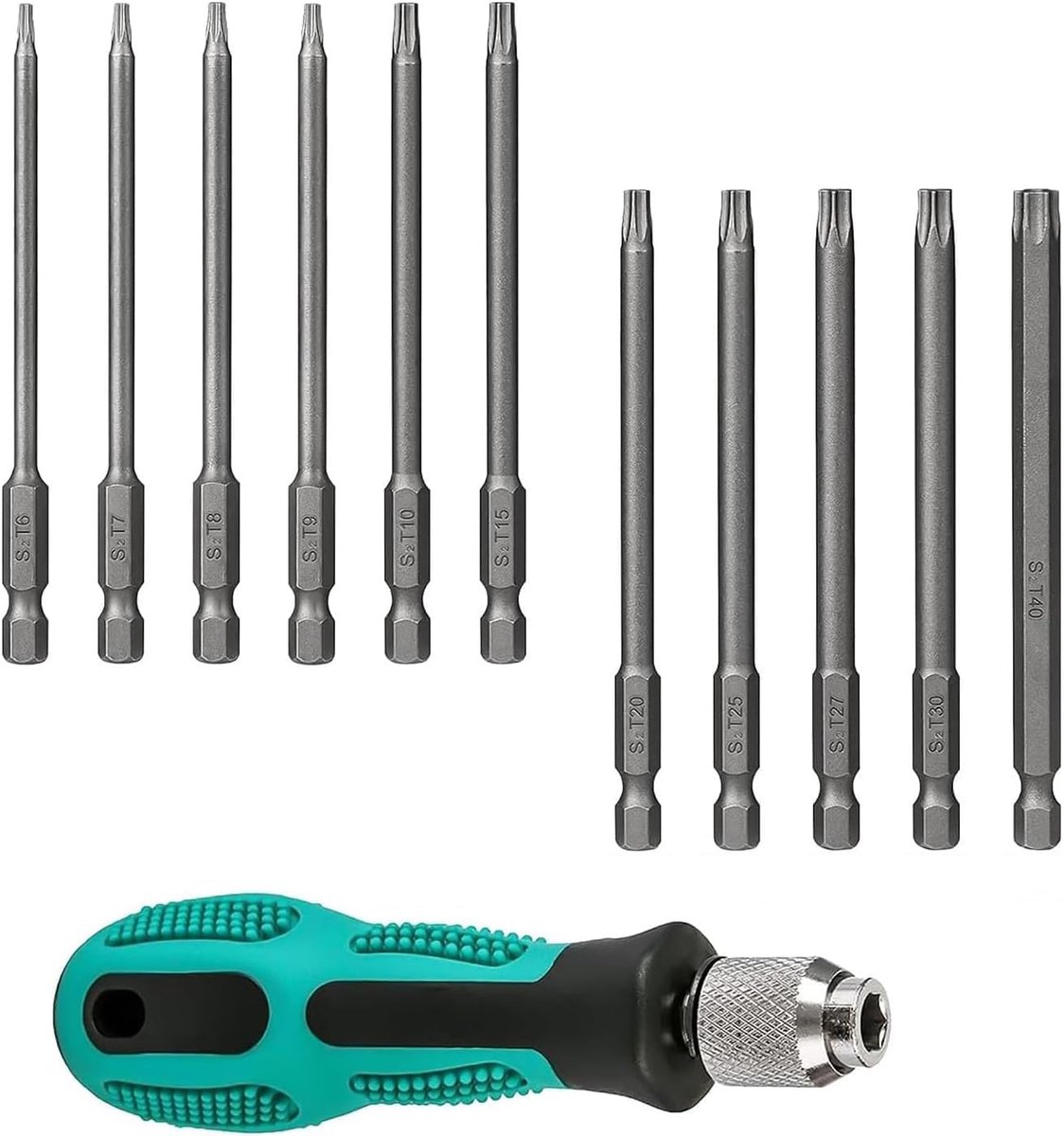 12 stuks, 1/4 inch, 100 mm torx-schroevendraaierbitset, lang met handvat, T6-T40 S2-stalen magnetische sterschroevendraaierset