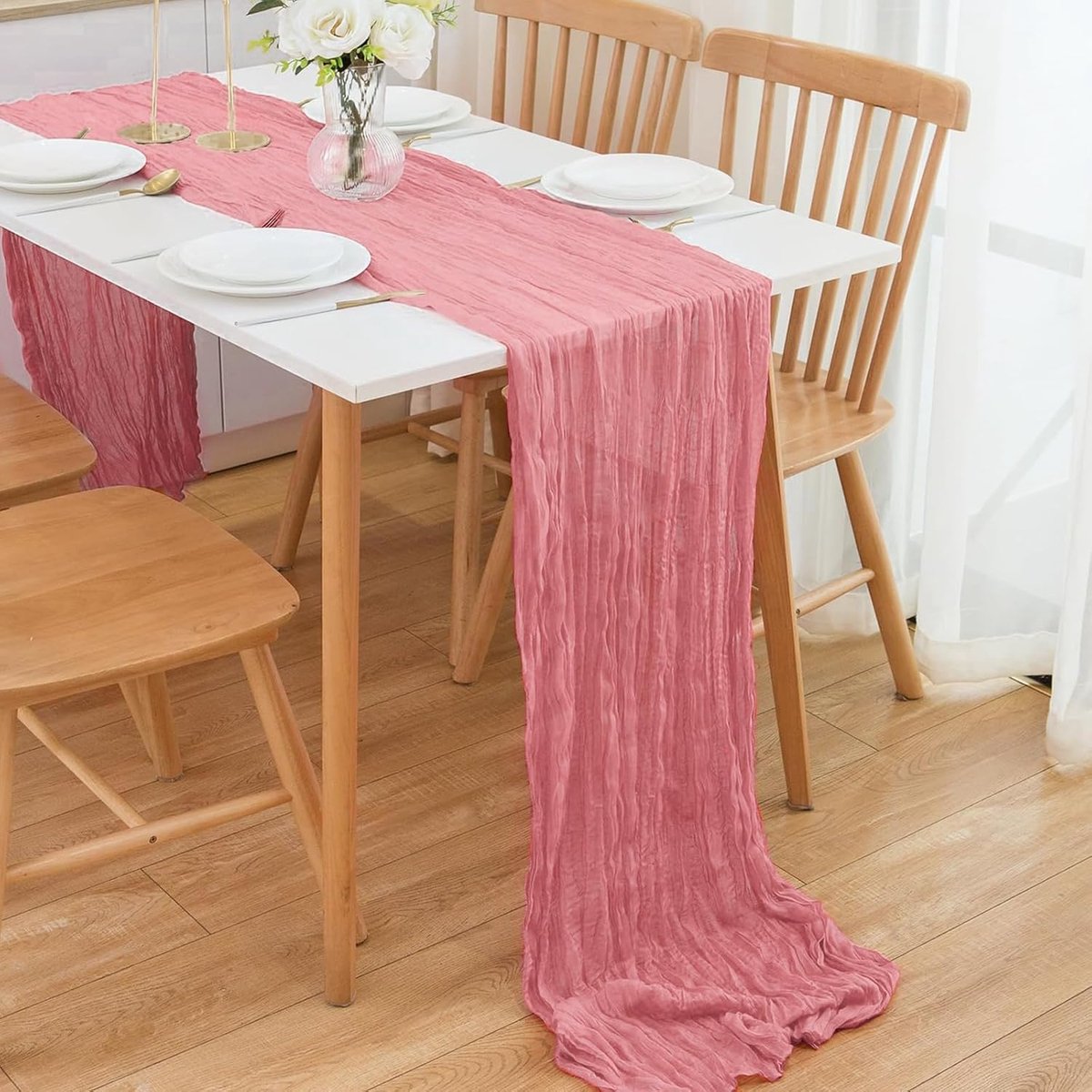 Tafelloper kaasdoek Boho, 2 stuks zeefdoek tafelloper communie modern voor vintage bruiloft, babyparty, tafeldecoratie boog-drapering 158 inch, 400x90 cm (oudroze)