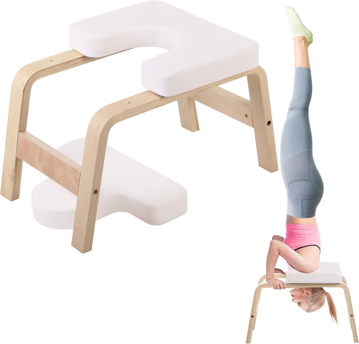 Yoga hoofdkruk hout, tot 150kg, PU-bekleding, robuust, wit | Hoogwaardige yoga-stoel, handsta-kruk, met antislipvoetjes, voor beginners, handstand, fitness, gymnastiek, binnen en buiten