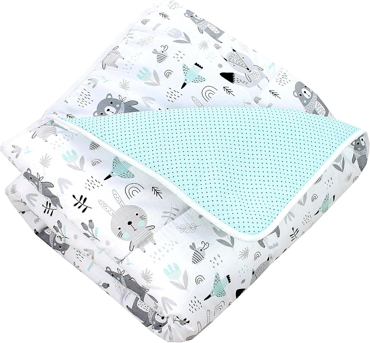 Speelkleed baby 120x120 cm – Gewatteerd, zacht, katoen, Bears/Vossen/Mint